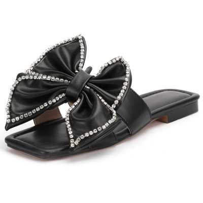 Rhineston Butterfly knot Genuine Leather Flat Sandals Women Summer Casual Shoes Sandales Femmes 2021 Black