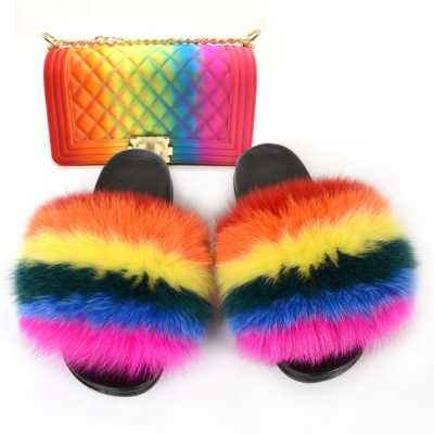 Fashion Summer Women's Fox Fur Slides Multi colors Jelly Purses Bags Set Ladies Casual Furry Sandals Female Slippers