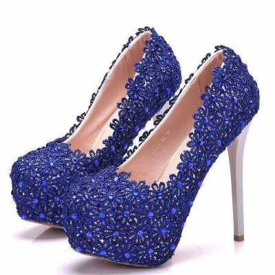 Female Wedding Shoes Blue Lace Wedding Shoes Women High Heel 14CM Crystal Bridal Shoes Princess Pumps Platform Plus Size 34 41