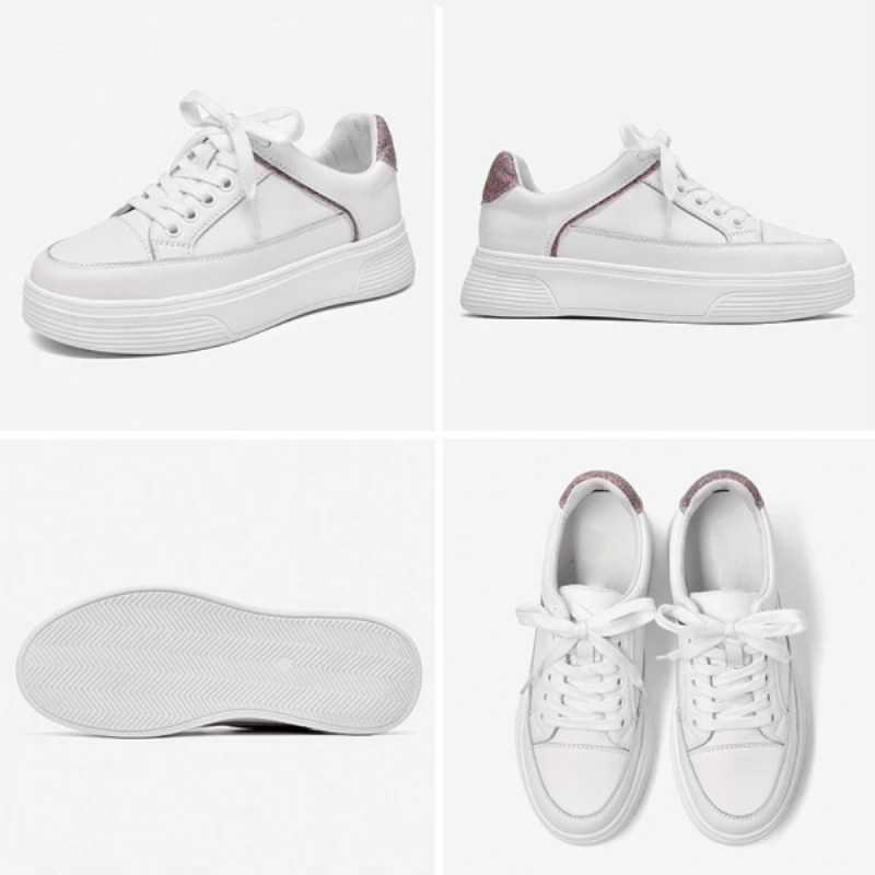Platform Sneakers Women Genuine Cow Leather White Shoes Lace Up Round Toe Bling Glett Casual Lady Flats Handmade 29125