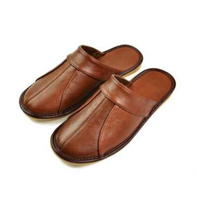 Luxury Cow Split Leather Handmade Men Home Slippers Spring Slip On Soft Comfortable Black Brown Bedroom Indoor Flat Men Shoes