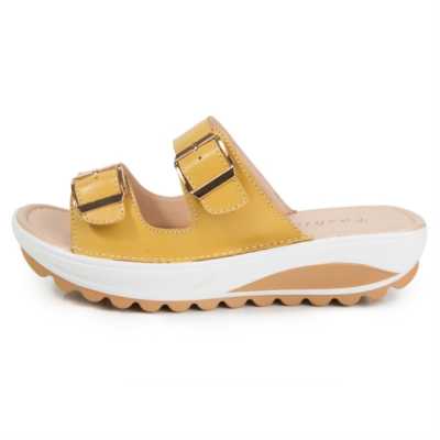 Genuine Leather Women Sandals Platform Wedges Sandals Ladies Open Toe Round Toe Buckle Sandals Woman Platform Sandals Slippers