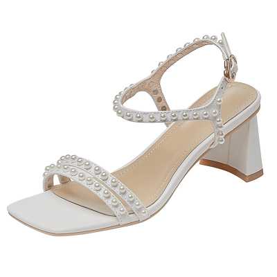 White Genuine Leather String Bead High heels Sandals Women Summer Party Shoes Ladies Sandales Femmes 2021