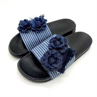 Summer Fashion Women's Canvas Flower Slides Outside Blue Striped Casual Denim Slippers Female Liesure Home Sandals New 2021