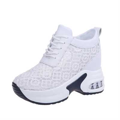 Women White Shoes Breathable Mesh Platform Sneakers Summer Ladies Lace Floral Hollow Out Wedge Heels Casual Footwear 2021